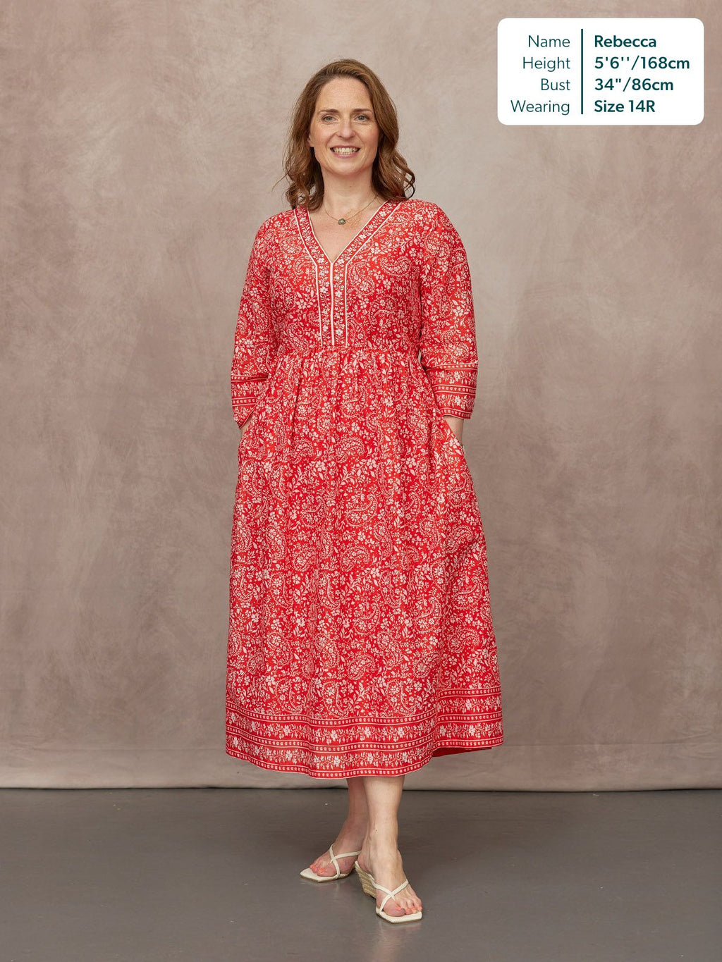 Cindy Kimono Sleeve Midi Dress - Red & Ecru Paisley Print