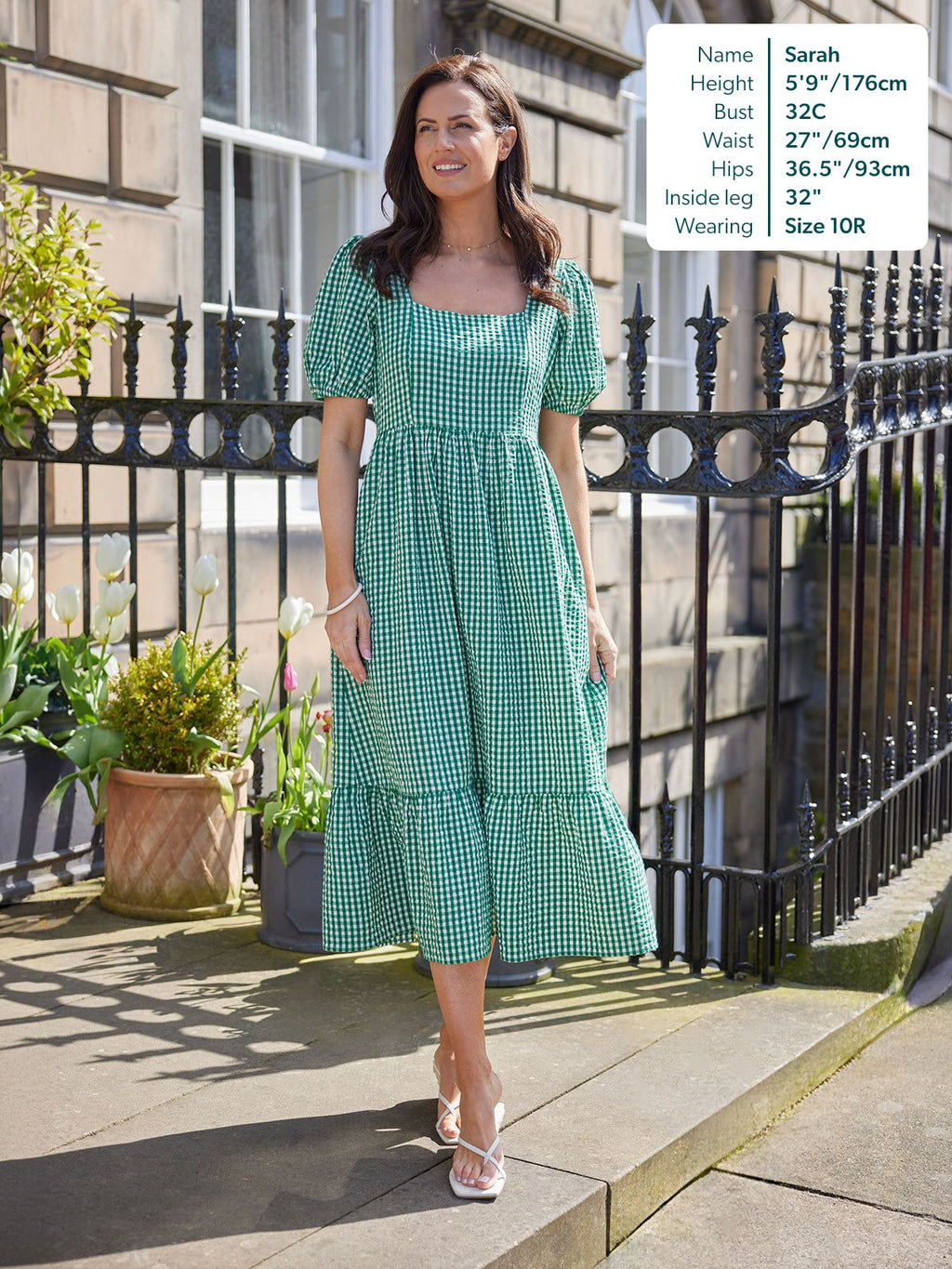 Judy Square Neck Dress - Green Gingham
