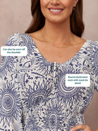Marisol Round Neck Shirred Dress - Ecru & Blue Sun Print