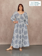 Marisol Round Neck Shirred Dress - Ecru & Blue Sun Print