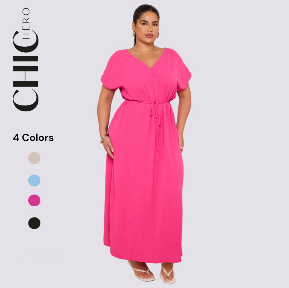Plus size V-neck Short Sleeve Waist Drawstring Solid Color Dress