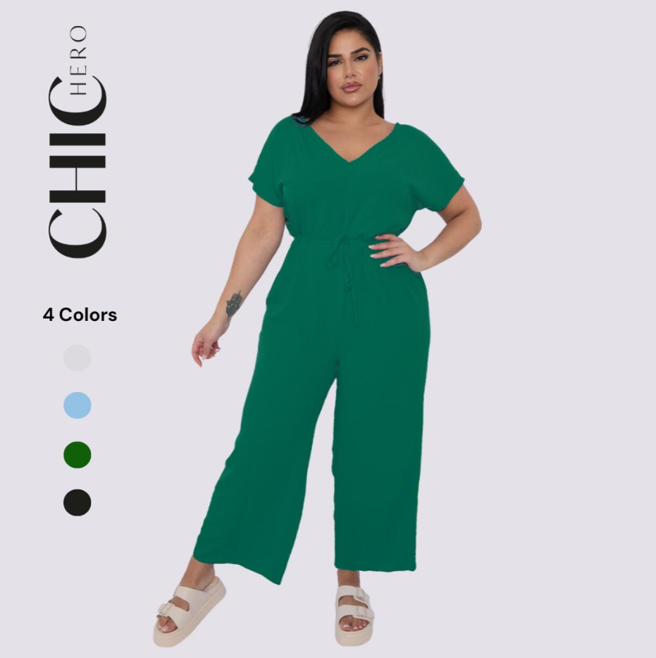 Plus Size V-neck Short-Sleeved Waist Drawstring Solid Color Jumpsuit