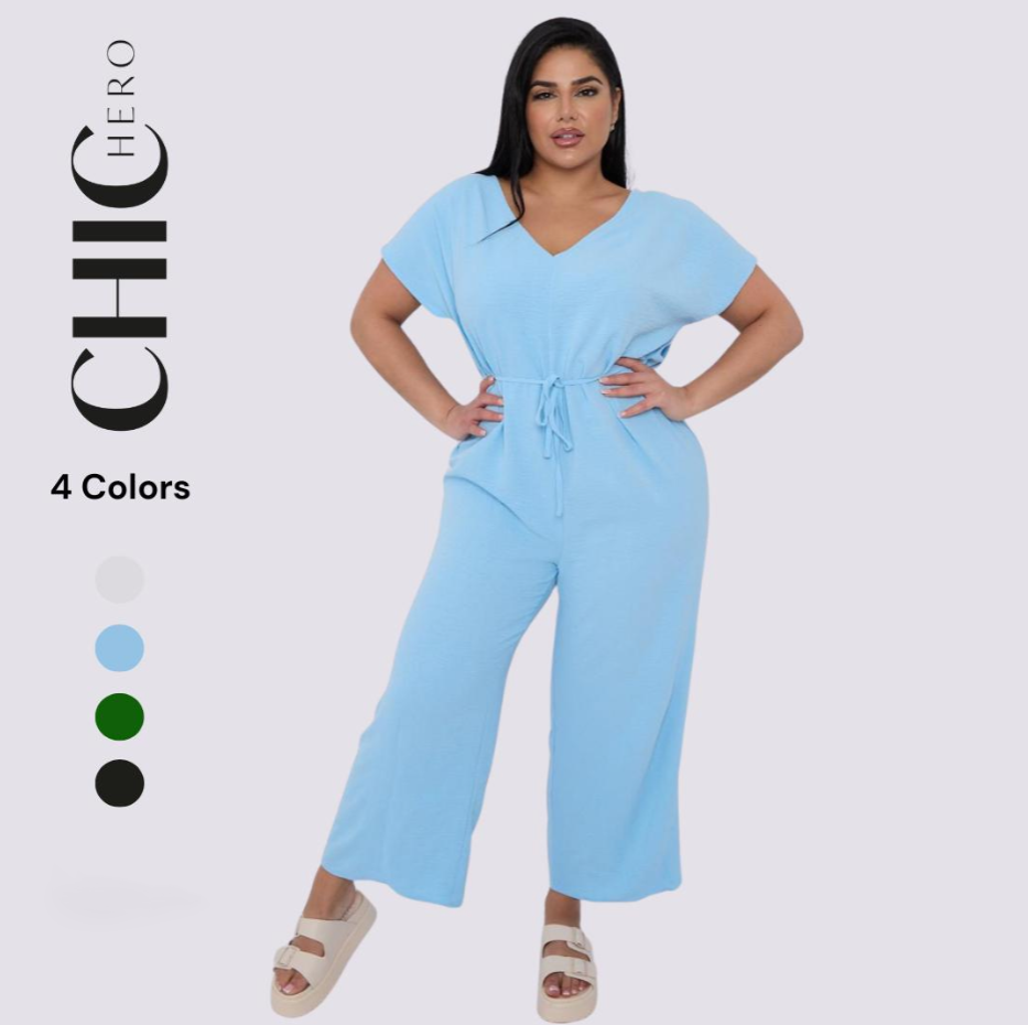 Plus Size V-neck Short-Sleeved Waist Drawstring Solid Color Jumpsuit