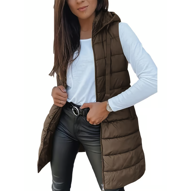 Women Solid Color Sleeveless Hooded Long Puffer Vest