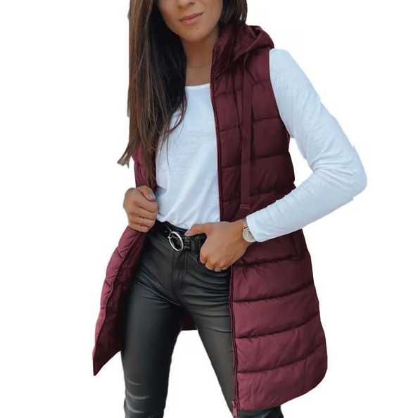 Women Solid Color Sleeveless Hooded Long Puffer Vest