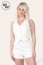 V Neck Button Up Waistcoat & Matching Shorts Co-Ord in White