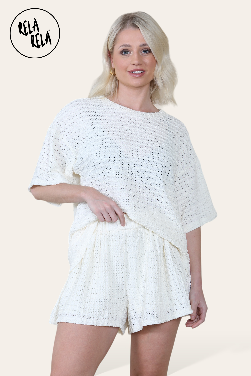 Oversized Crochet T-Shirt & Shorts Co-Ord Set in Cream