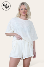 Oversized Crochet T-Shirt & Shorts Co-Ord Set in Cream