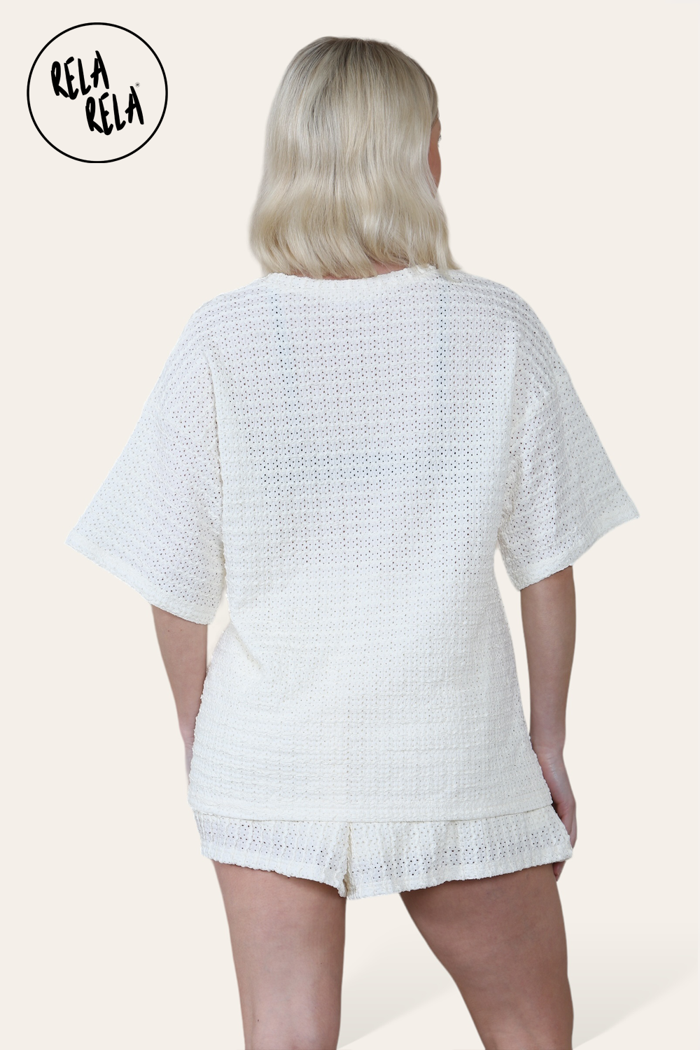 Oversized Crochet T-Shirt & Shorts Co-Ord Set in Cream