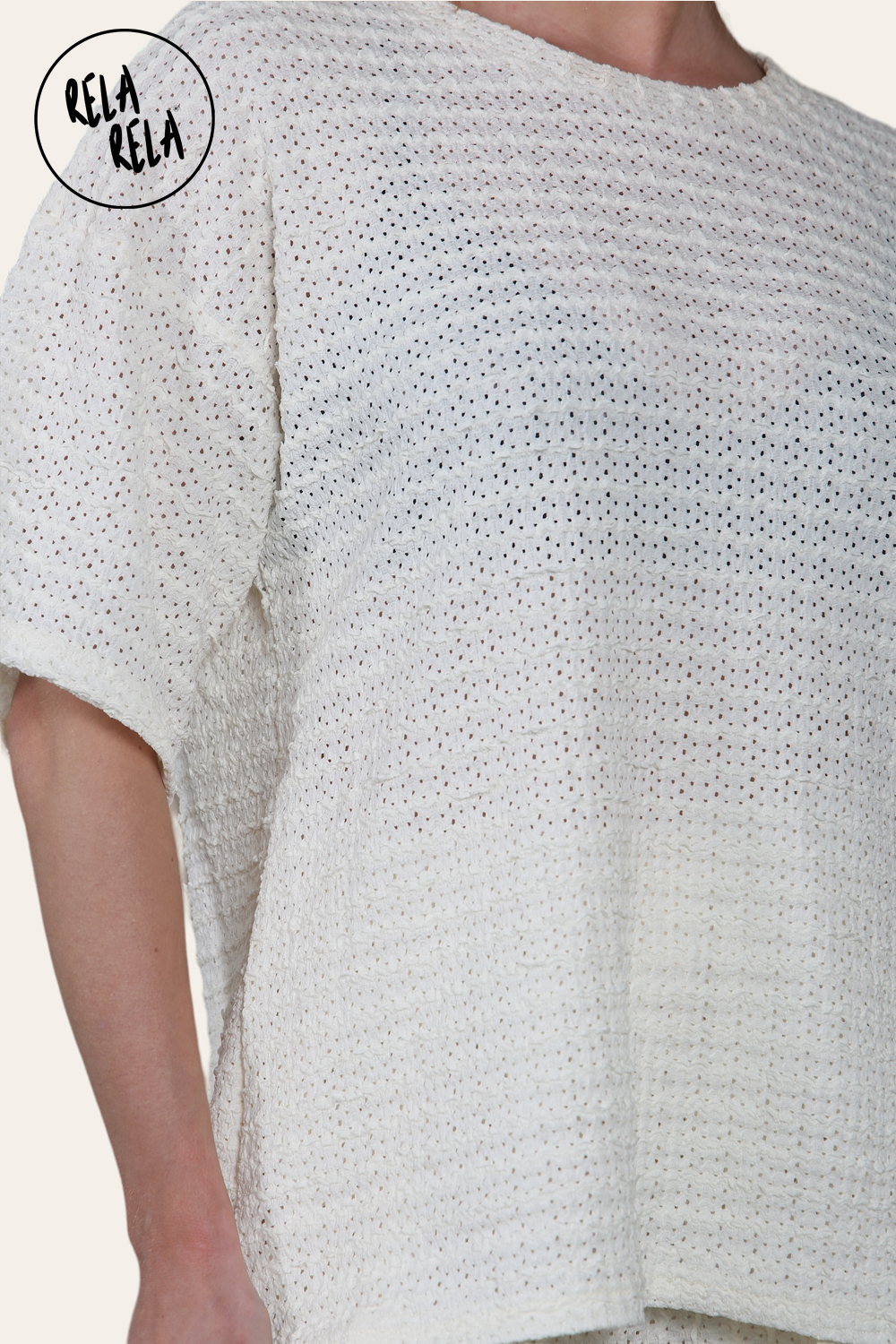 Oversized Crochet T-Shirt & Shorts Co-Ord Set in Cream