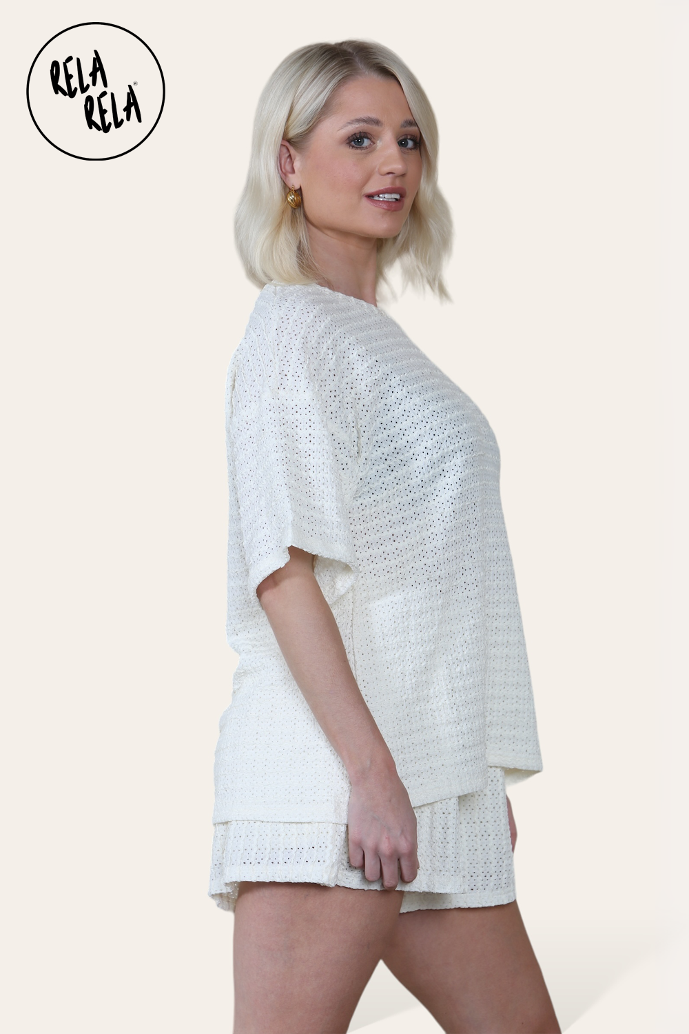 Oversized Crochet T-Shirt & Shorts Co-Ord Set in Cream