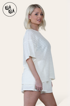 Oversized Crochet T-Shirt & Shorts Co-Ord Set in Cream